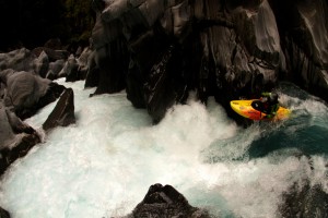 Dropping into the intimidating Morgan's Gorge on the Waitaha River