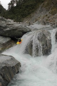 Dropping in to "Trent's Trench" during the first descent of the Upper Whataroa River