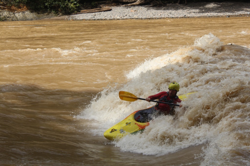 Patrick Clissold enjoying one of the many waves found during high water in the picturesque Sungai Tutoh gorge,