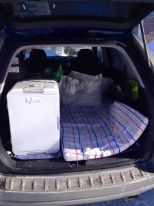 SUV camper, small bed + small fridge. That's all it takes.
