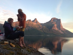 Enjoying fresh mussels at Mariann's undeveloped fjord-side property during our northbound journey