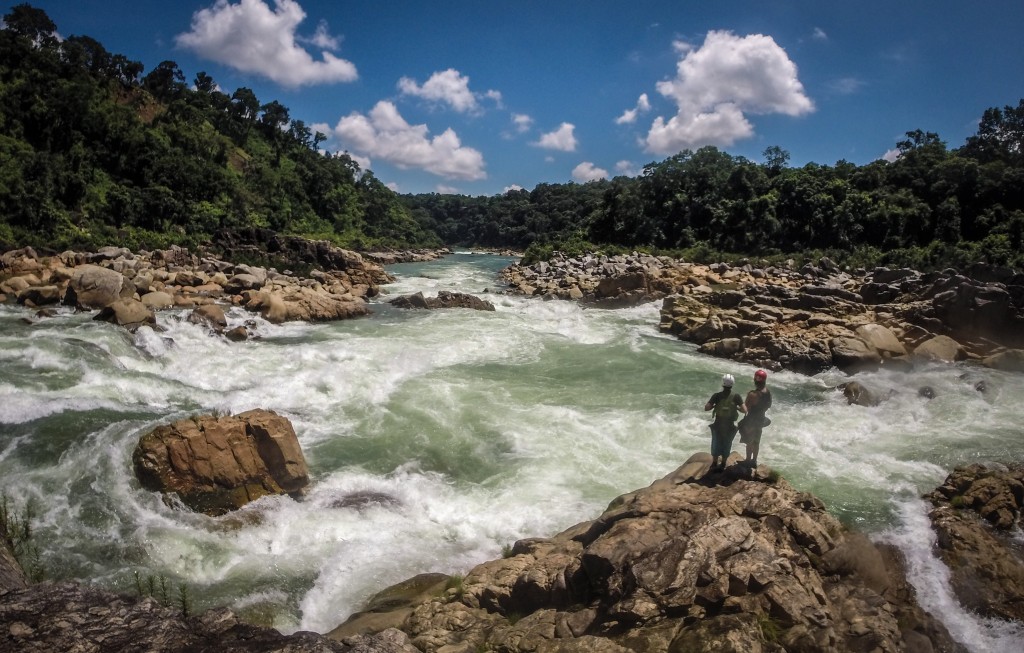 Scouting one of the first rapids on the Kopili