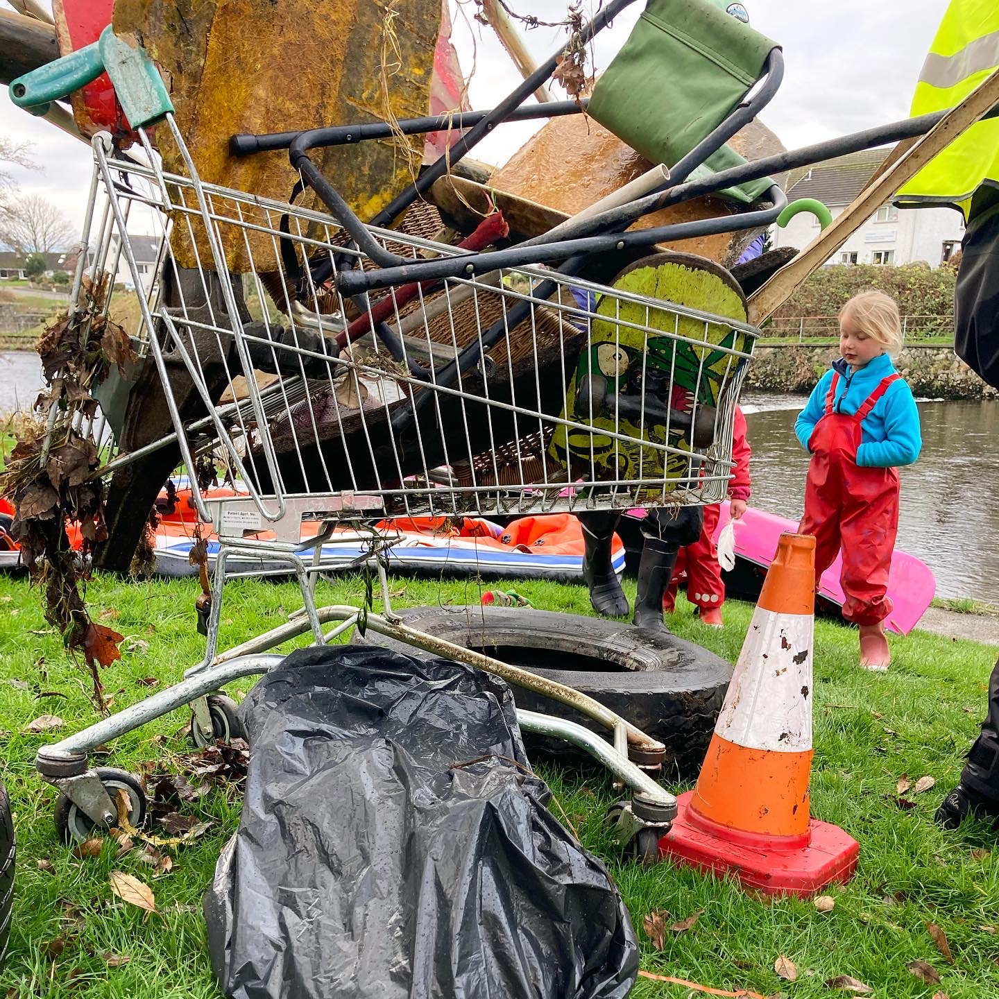 Just some of the rubbish removed from the River Kent, including a shopping trolley, a tyre, and a traffic cone.