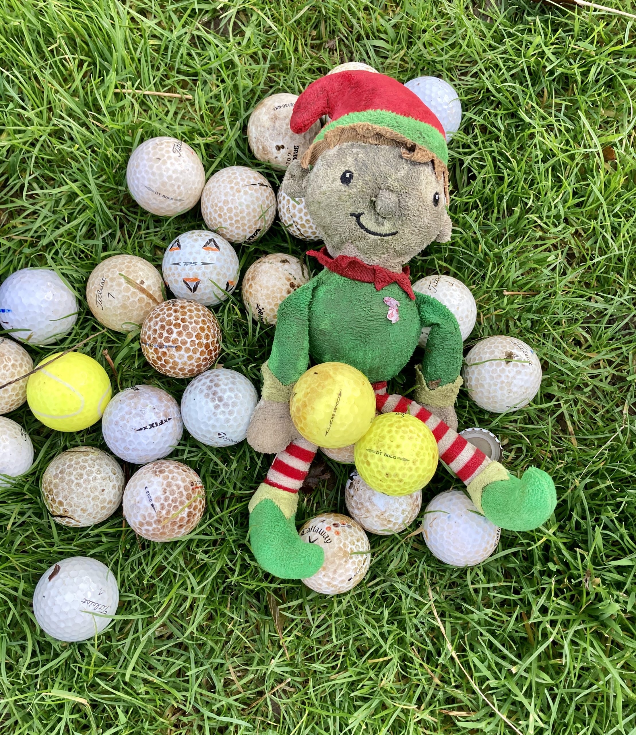 Just some of the 51 golf balls removed from the river... and an Elf!